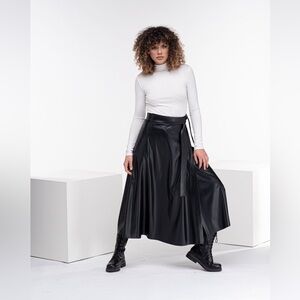 Faux (vegan) leather black maxi wrap skirt tie closure